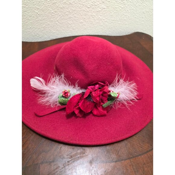 Scala Red 100% Wool Wide Brim Hat With Floral & Feather Accent Size L - Picture 3 of 8